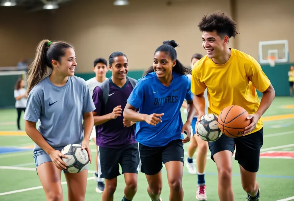 Student-athletes engaging in multiple sports activities showcasing teamwork