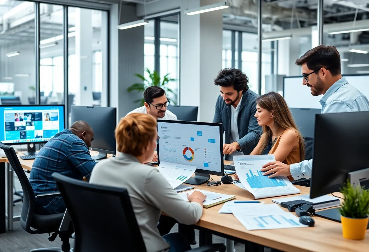 Team of specialists collaborating on digital marketing strategies