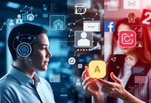 Illustration of AI integration in social media marketing, showcasing automation and human interaction.