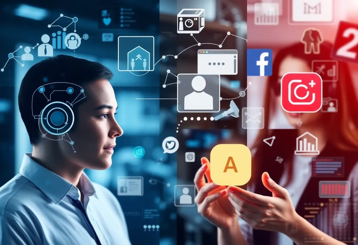 Illustration of AI integration in social media marketing, showcasing automation and human interaction.