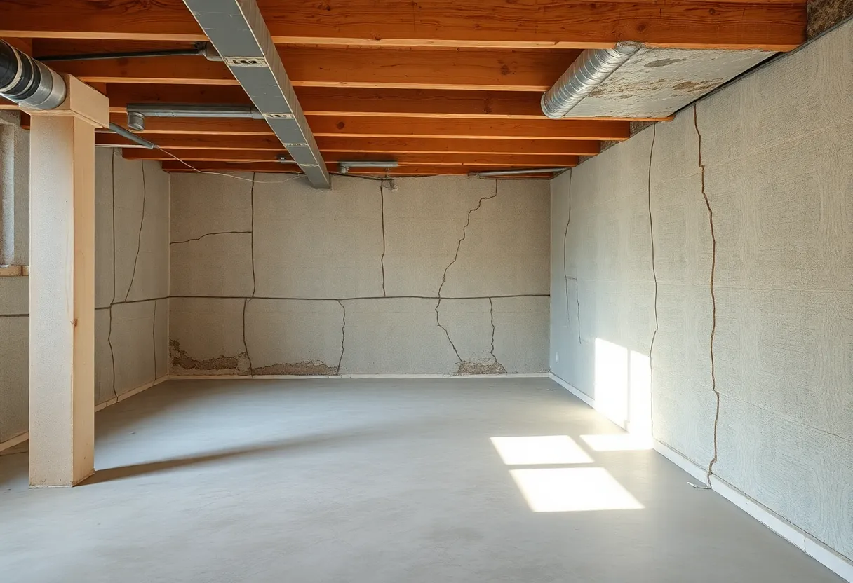 Bowing basement walls with visible cracks and water damage