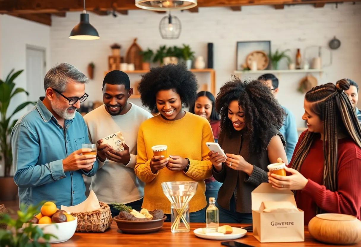 A diverse group of people engaging with authentic products in a marketing context.