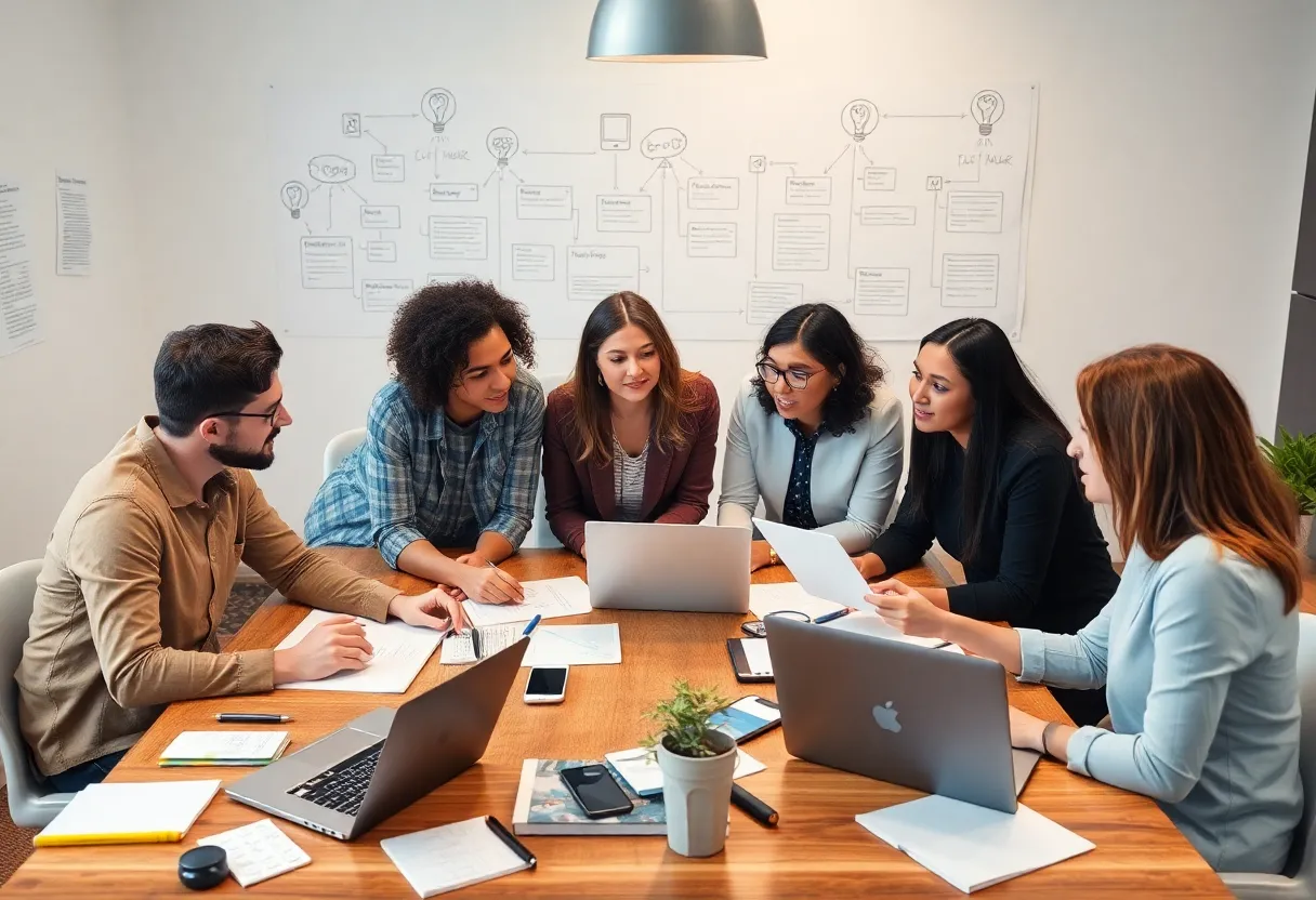 Team brainstorming creative social media marketing strategies.