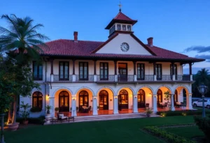 Exterior view of the renovated Dearborn Inn surrounded by gardens