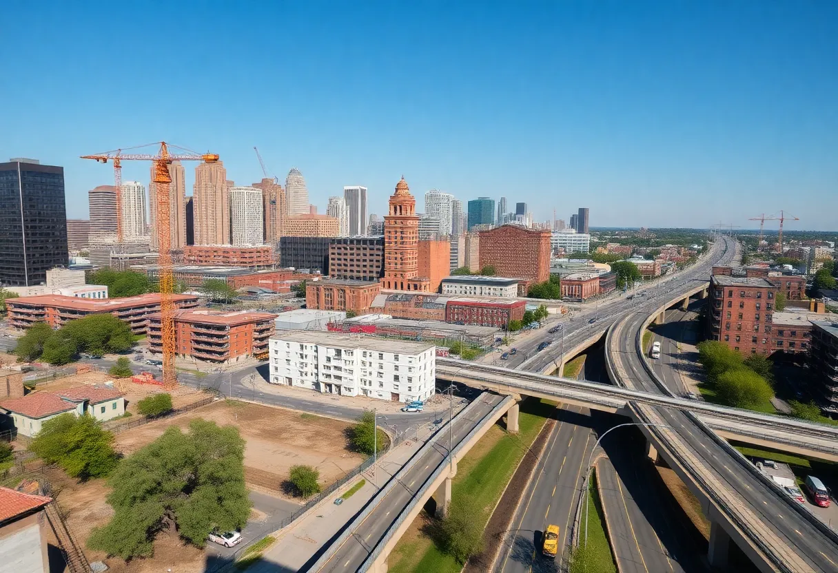 A cityscape of Detroit showcasing construction and renovation for affordable housing.