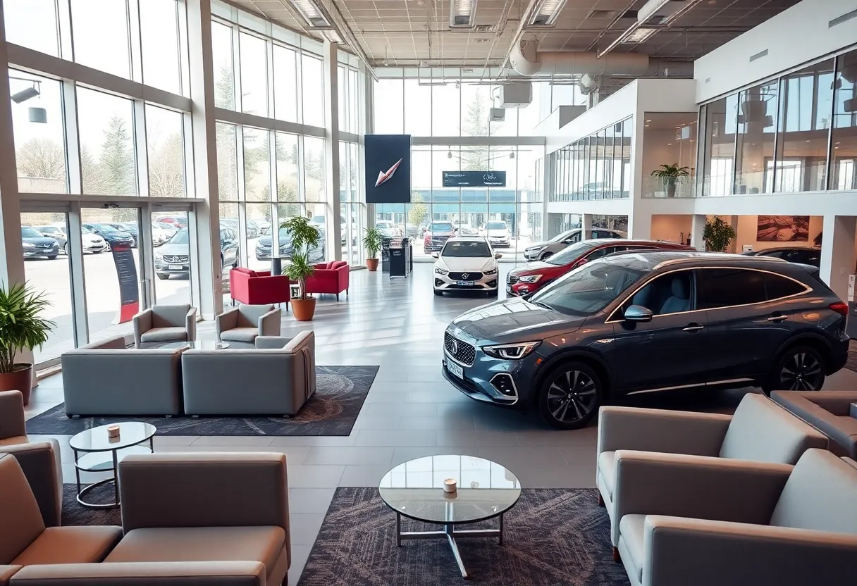 Interior of a modern Ford dealership with lounge areas and café service