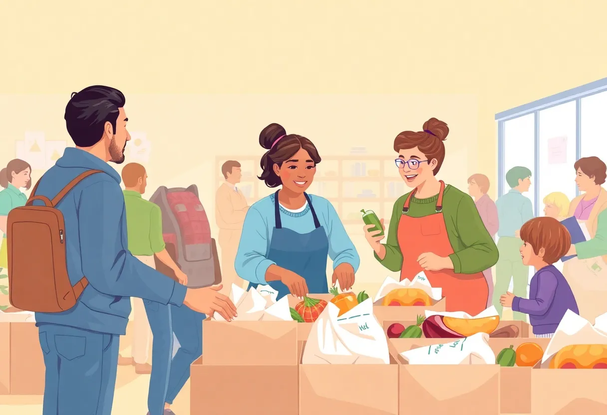 Volunteers at Gleaners Food Bank distributing food packages