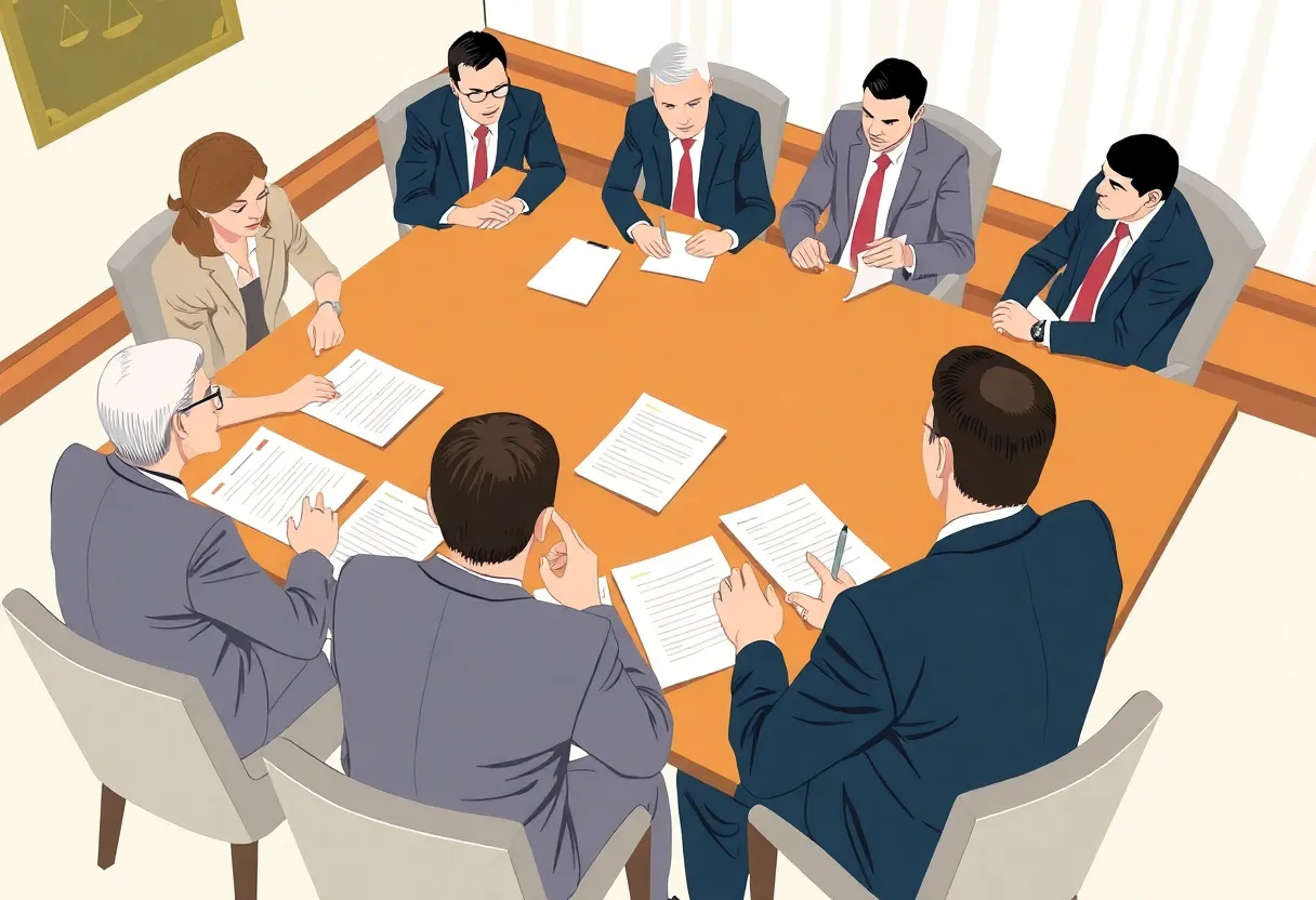 Illustration of a House Judiciary Committee meeting about litigation transparency.