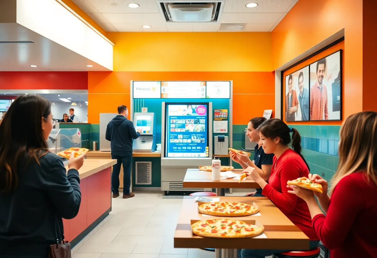 Inside view of the newly renovated Little Caesars in Leesburg with customers using the Pizza Portal and kiosks.