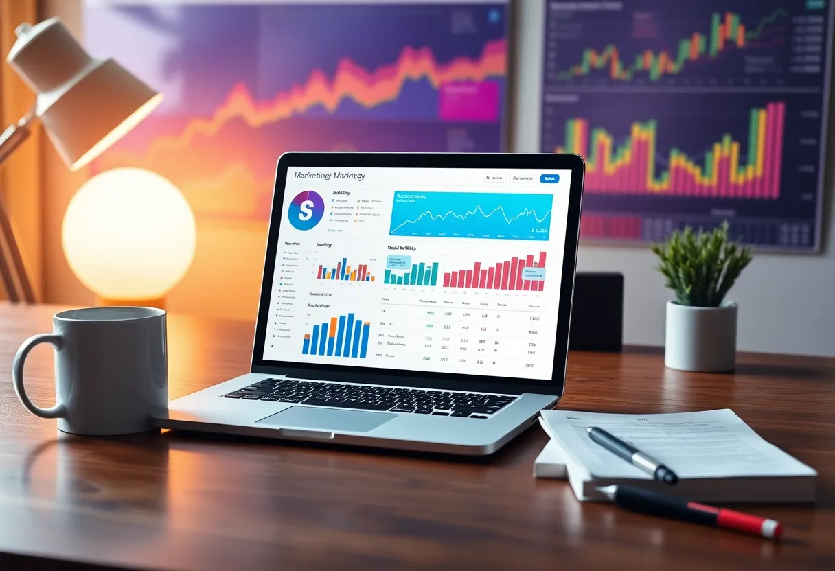 A creative workspace with marketing analytics tools and a laptop showing Shopify insights.