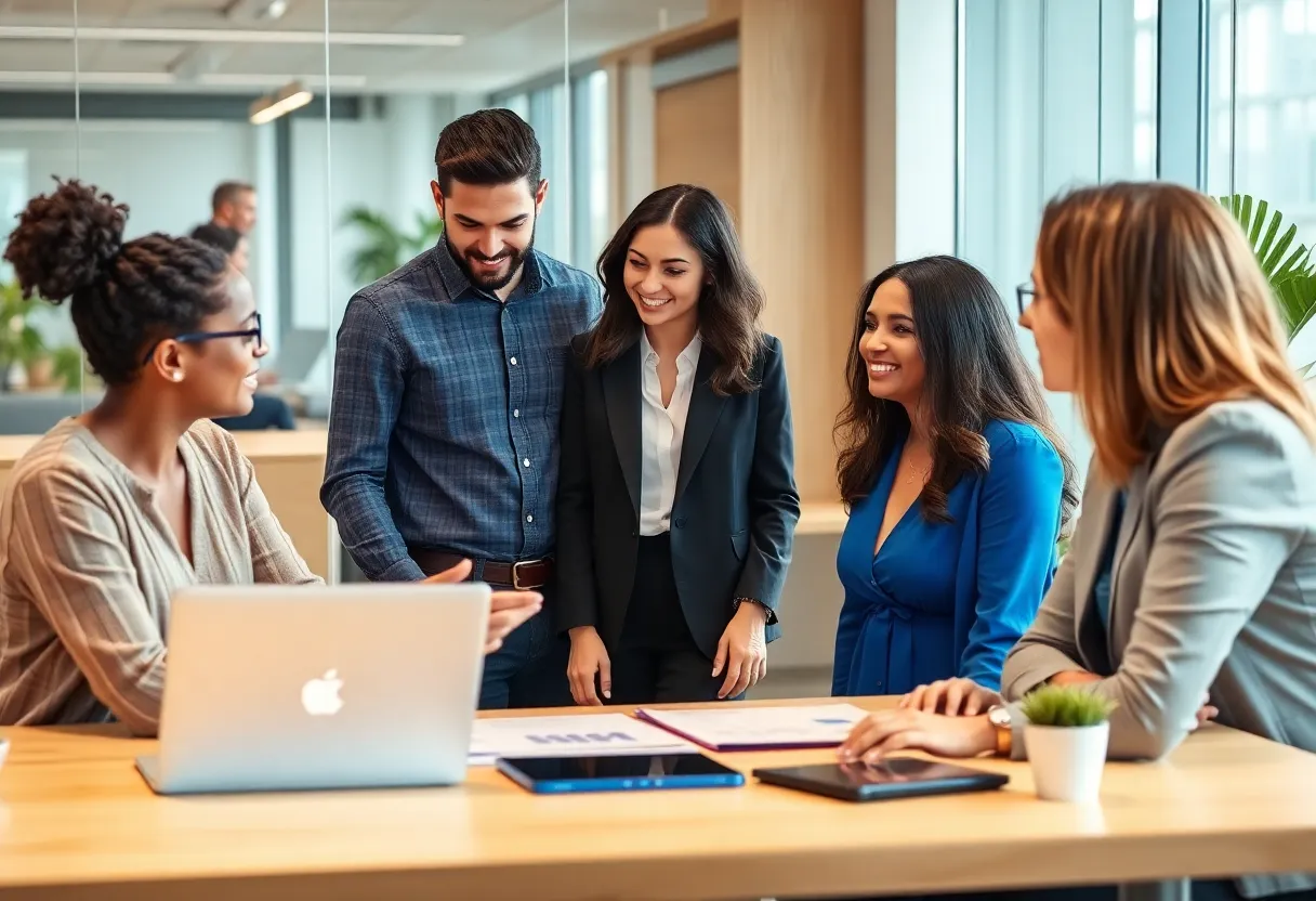 A diverse team of marketing professionals strategizing in an office environment, focusing on branding and AI.