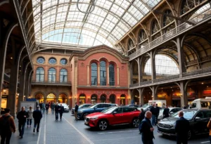Exterior view of Michigan Central Station decorated for Ford Racing event