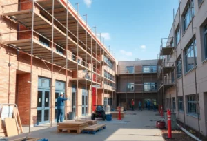 Construction at Novi Community Schools with workers and scaffolds
