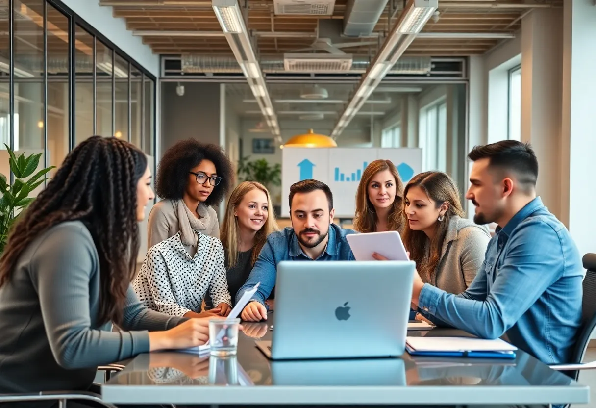 Diverse marketing team collaborating in an office