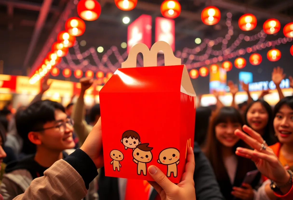 TinyTAN Happy Meal box featuring BTS characters at a fan event