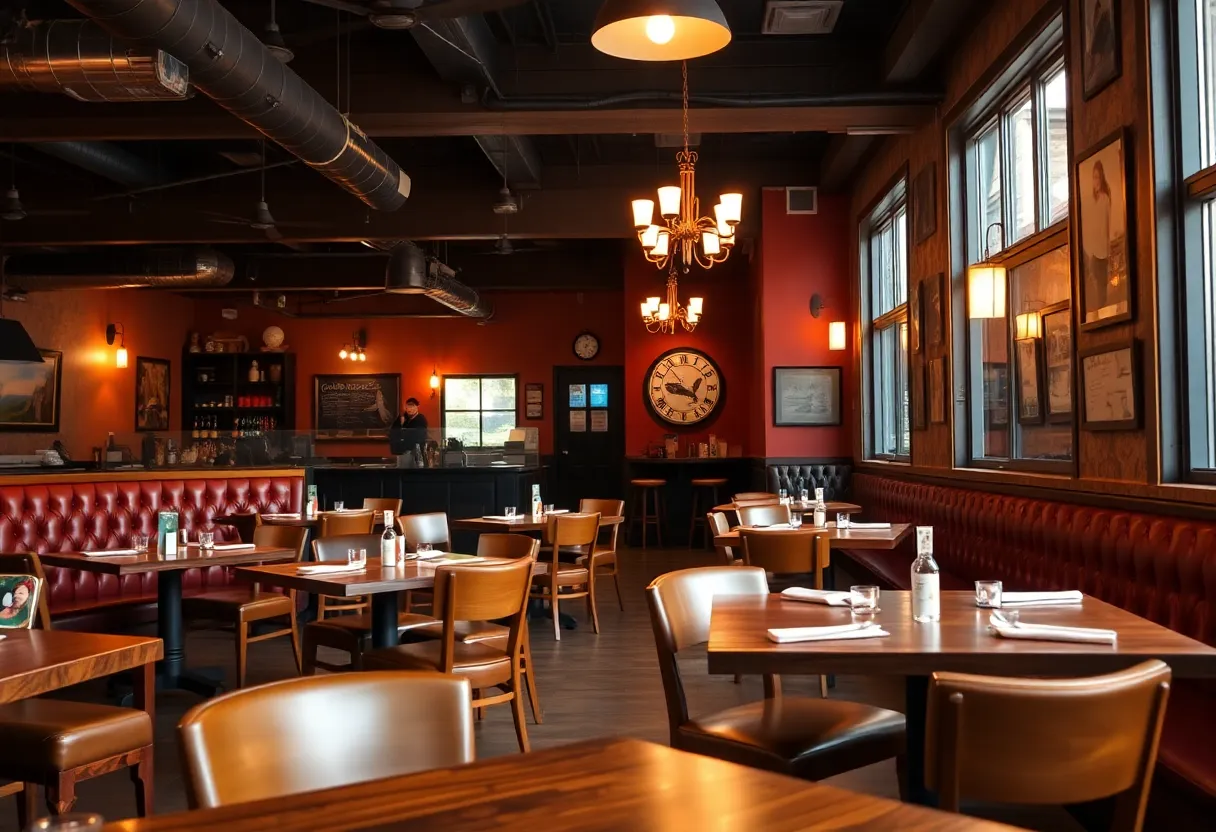 Warm and inviting interior of Blue Kuna Smokehouse with diners enjoying their meals.