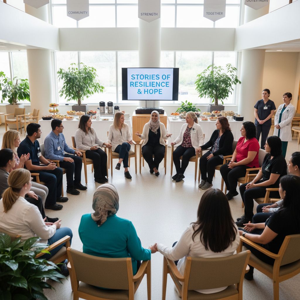 A diverse group of people at a cancer advocacy event.
