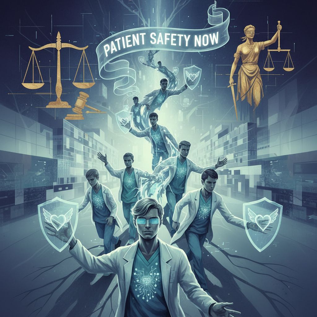 Courtroom scene with doctors involved in a lawsuit against a hospital.