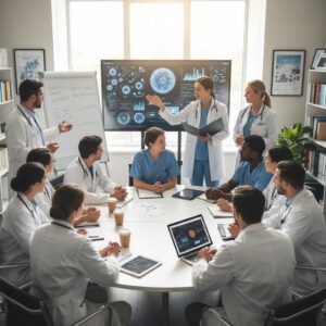 Diverse meeting of healthcare professionals and patient advocates in cancer research