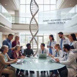 Diverse group of patients and researchers collaborating on medical research