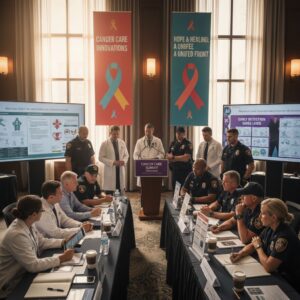 Healthcare professionals collaborating on cancer care strategies for veterans and first responders.