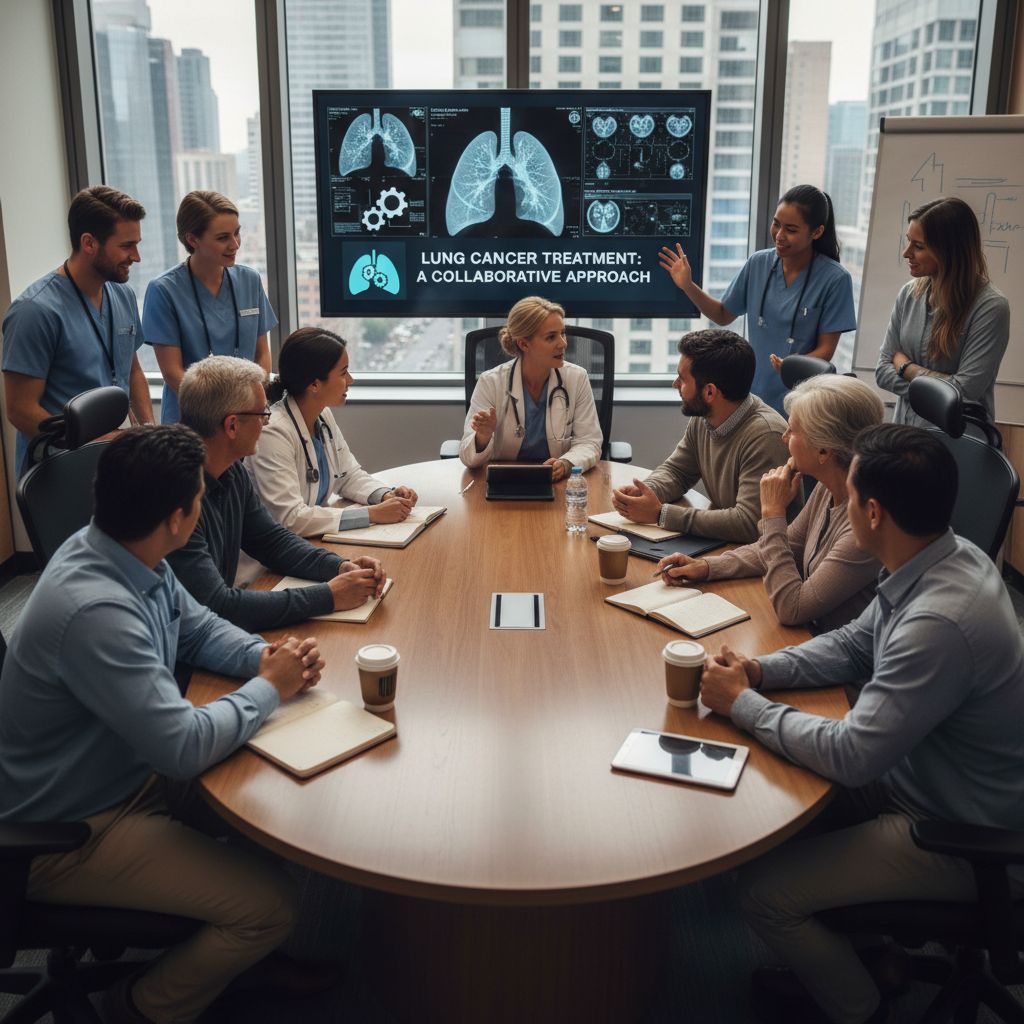 Healthcare professionals and patients engaged in shared decision-making for lung cancer treatment.