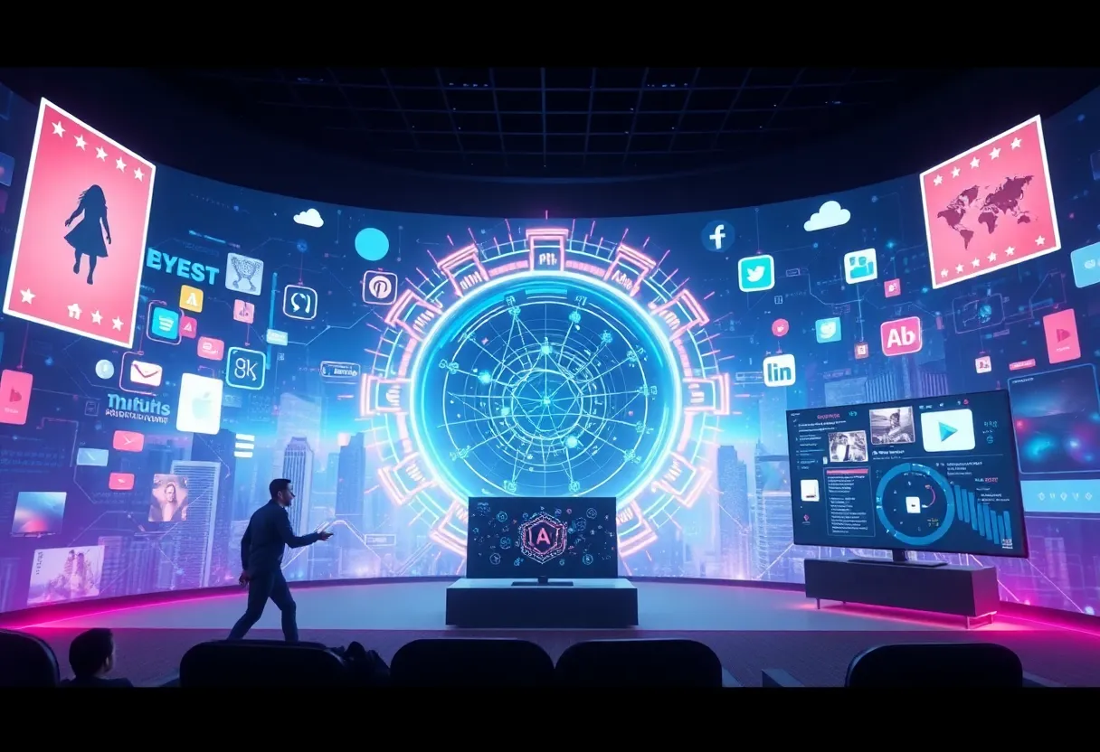Futuristic illustration of digital marketing strategies showcasing AI, social media, and Connected TV.