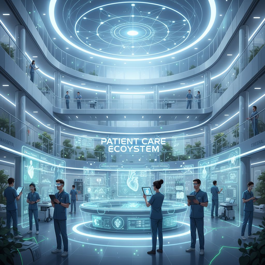 Illustration of digital tools in healthcare showcasing telehealth and AI applications.