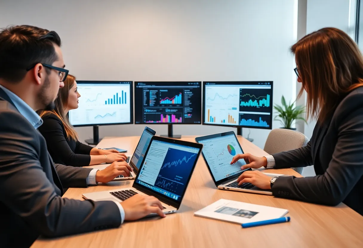 Executives discussing social media insights in a boardroom.