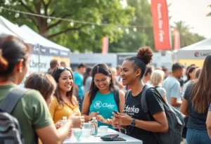 A lively experiential marketing event with participants enjoying interactive activities.