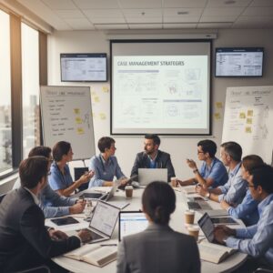 Healthcare professionals working together in a modern setting.