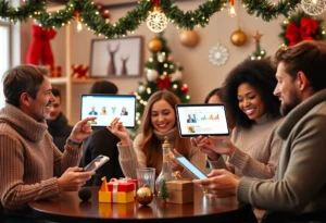 Diverse people engaging with social media platforms during the holiday season.