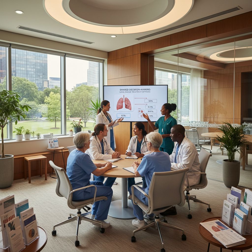 Healthcare professionals discussing lung cancer treatment options with patients