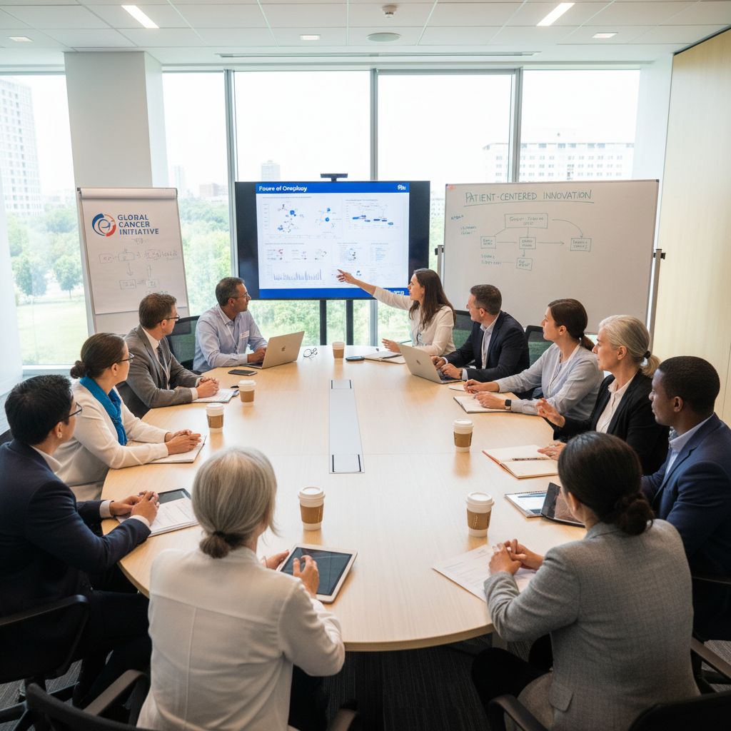 Patients and researchers collaborating in a cancer research facility.