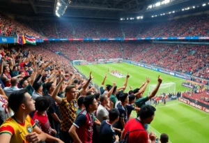 A group of diverse soccer fans cheering in a stadium for the World Cup.