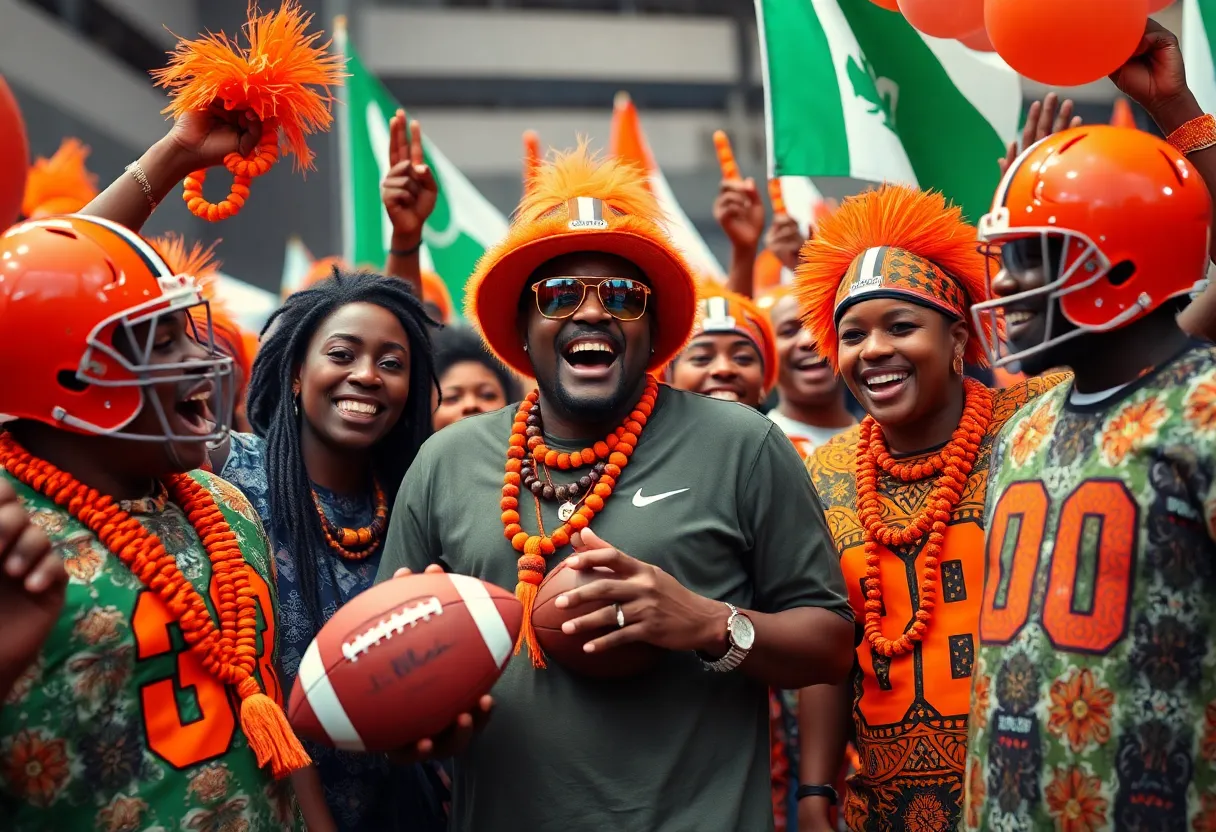 Cleveland Browns fans celebrating the team's entry into Nigeria