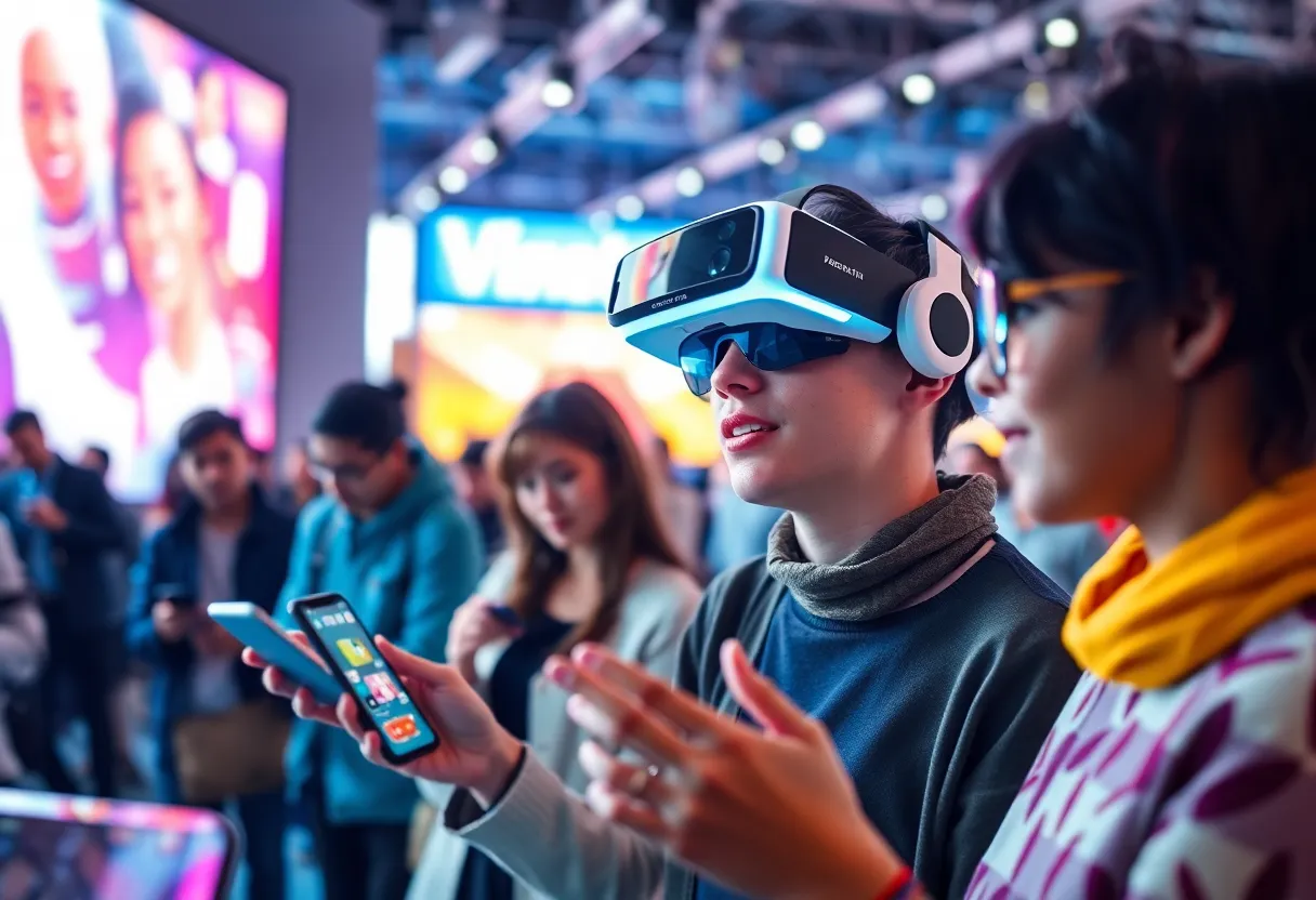 Visual representation of digital marketing trends in 2026 with AR technologies and social media interactions.