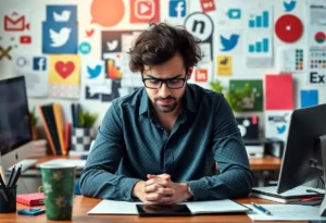 A social media professional feeling overwhelmed at their desk.