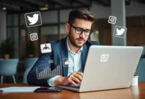 An entrepreneur analyzing social media data on a laptop