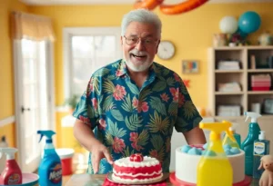 Mr. Clean retiring in a Hawaiian shirt during his farewell party.