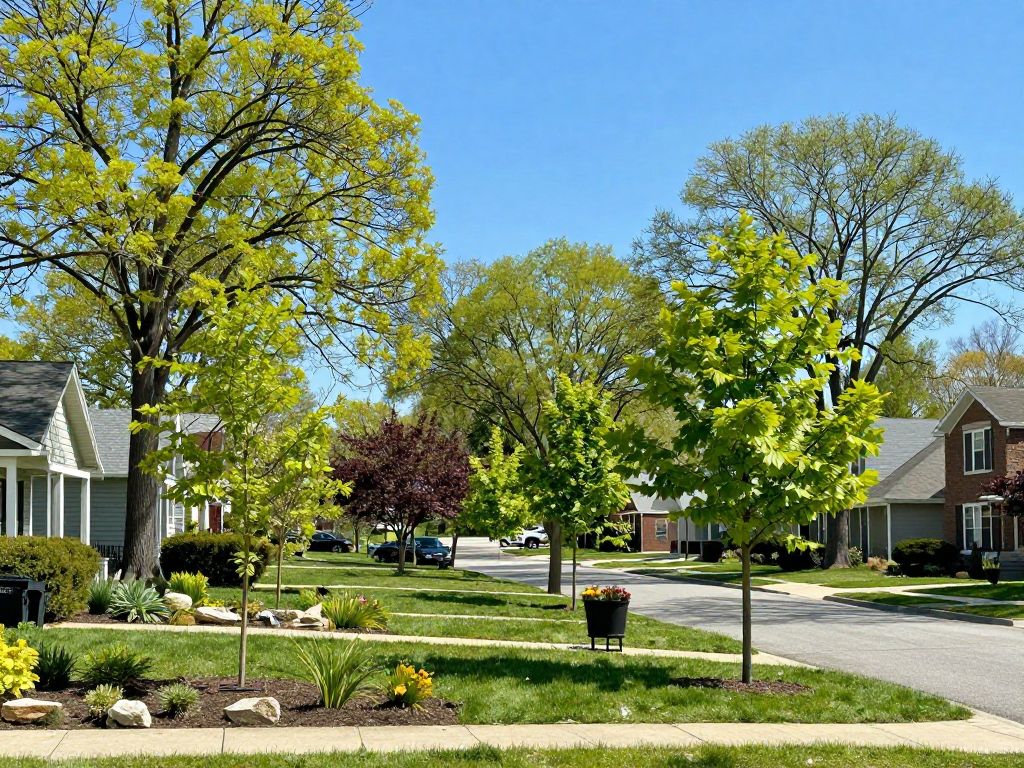 Residential area in Northville MI featuring newly planted trees in spring.