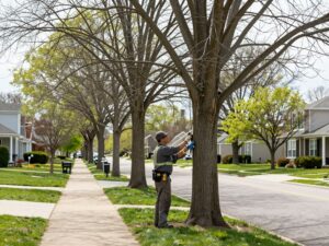 An arborist performing structural pruning on a tree in Northville MI