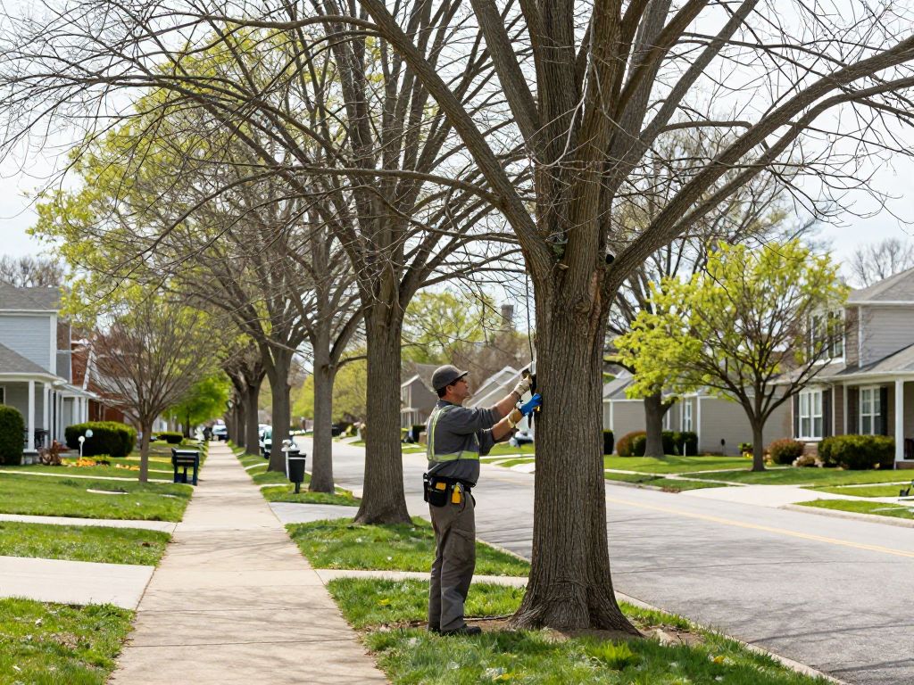 An arborist performing structural pruning on a tree in Northville MI