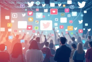 Graphic showing diverse social media platforms and user engagement.