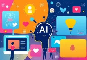 Illustration depicting social media trends in 2026 with AI elements and community engagement.