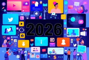 A visual representation of social media trends for 2026 including video, AI, and community engagement.