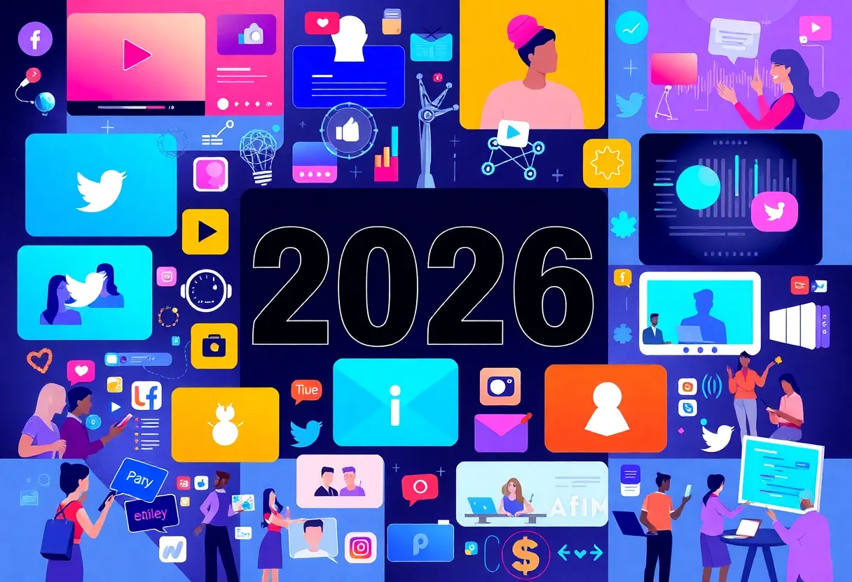 A visual representation of social media trends for 2026 including video, AI, and community engagement.