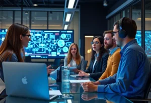 Marketing professionals discussing ethical AI strategies in a modern office.