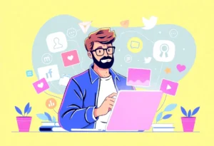 A small business owner interacting with an AI-powered marketing platform, representing innovative solutions for creative strategies.