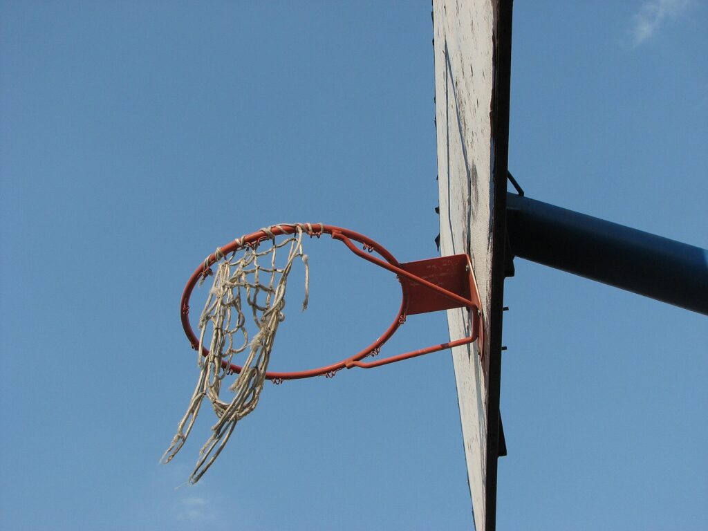 Basketball hoop against blue sky
